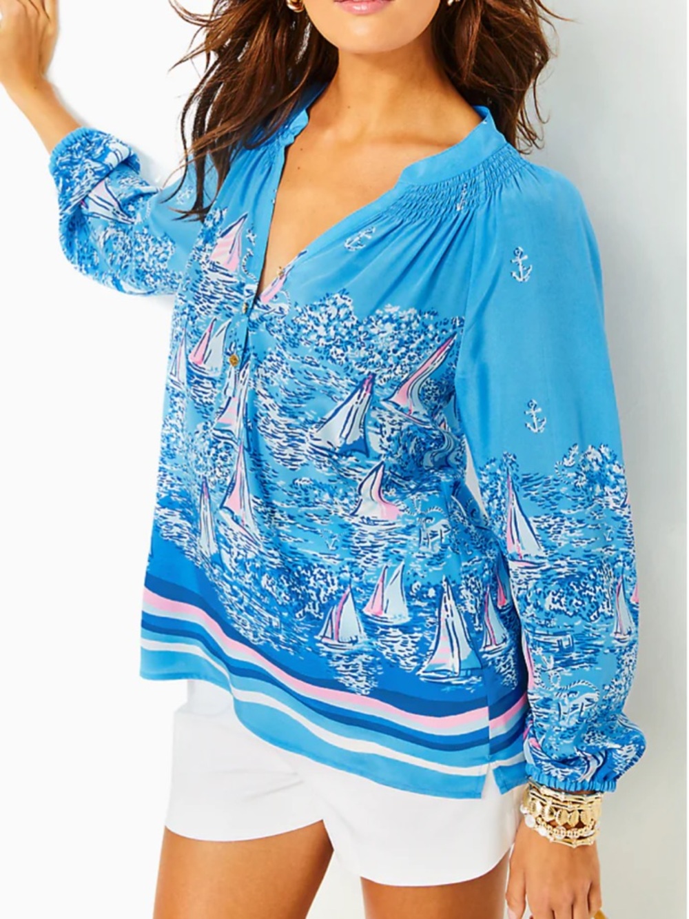Lilly Pulitzer Elsa Top Blue Silk “A Lil Nauti” Engineered Woven Blouse
